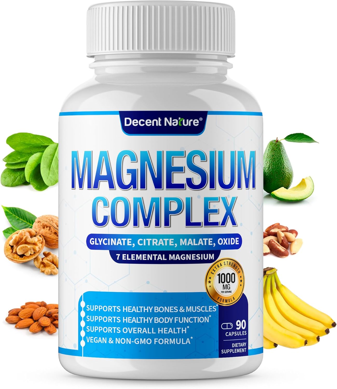 Magnesium Complex 7 Elemental Magnesium Supplement 1000mg – Magnesium Glycinate, Citrate, Malate, Taurate, Oxide, Aspartate, Orotate Non-GMO 90 Capsules (Pack of 1)