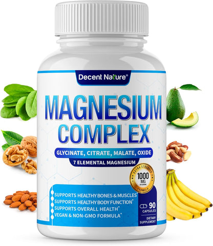 Magnesium Complex 7 Elemental Magnesium Supplement 1000mg – Magnesium Glycinate, Citrate, Malate, Taurate, Oxide, Aspartate, Orotate Non-GMO 90 Capsules (Pack of 1)