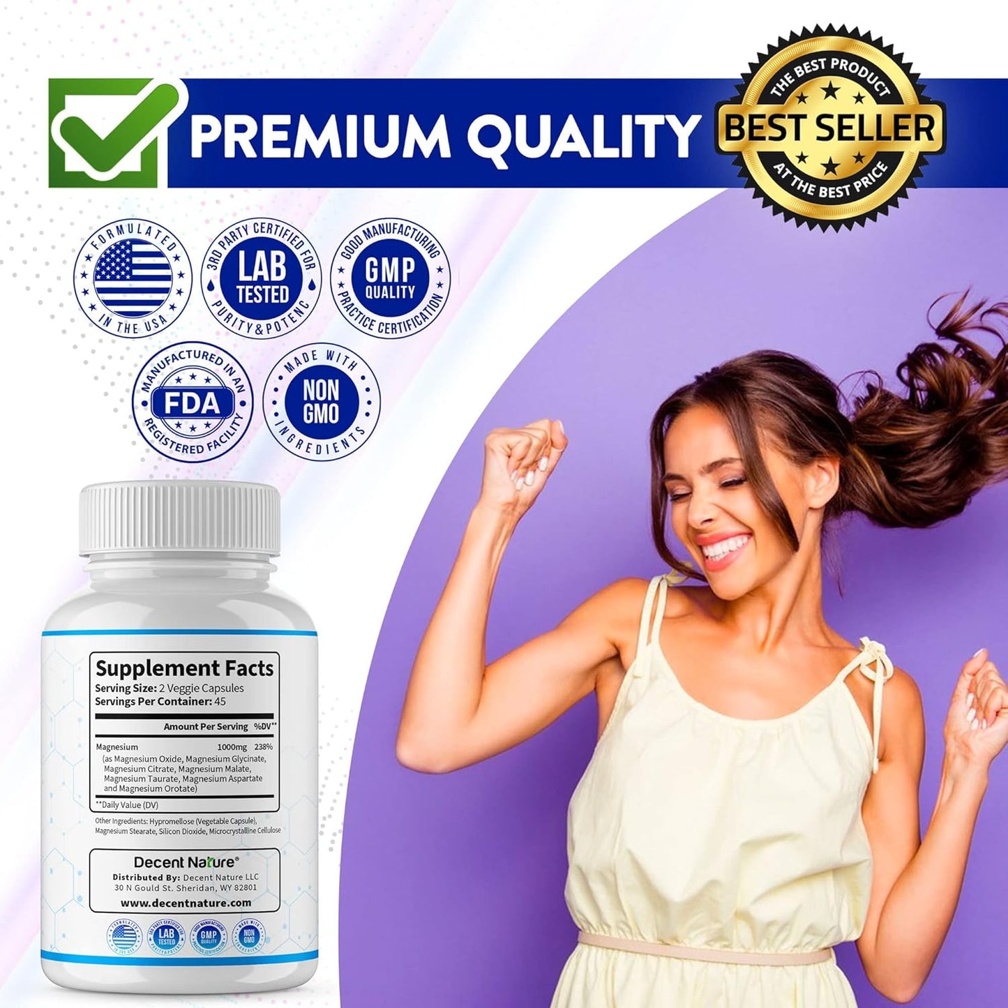 Magnesium Complex 7 Elemental Magnesium Supplement 1000mg – Magnesium Glycinate, Citrate, Malate, Taurate, Oxide, Aspartate, Orotate Non-GMO 90 Capsules (Pack of 1)