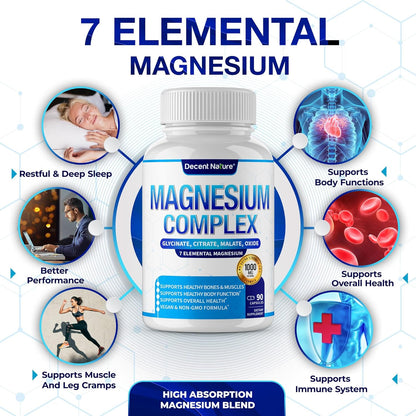 Magnesium Complex 7 Elemental Magnesium Supplement 1000mg – Magnesium Glycinate, Citrate, Malate, Taurate, Oxide, Aspartate, Orotate Non-GMO 90 Capsules (Pack of 1)