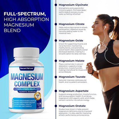 Magnesium Complex 7 Elemental Magnesium Supplement 1000mg – Magnesium Glycinate, Citrate, Malate, Taurate, Oxide, Aspartate, Orotate Non-GMO 90 Capsules (Pack of 1)